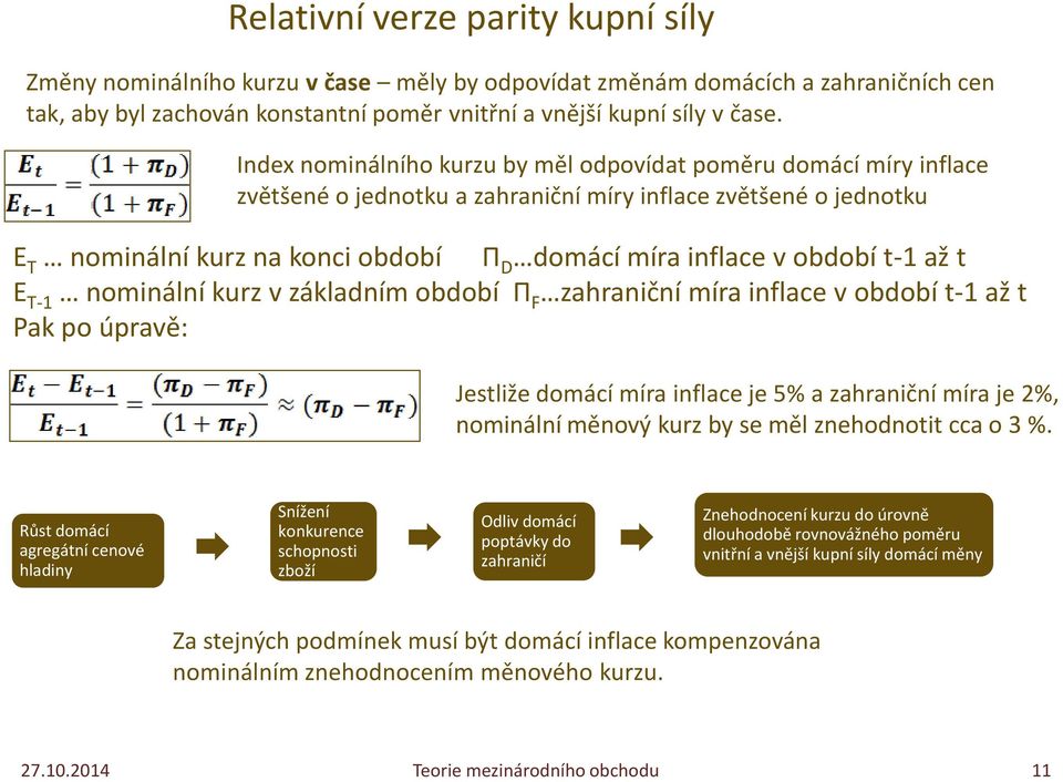 období t-1 až t E T-1 nominální kurz v základním období Π F zahraniční míra inflace v období t-1 až t Pak po úpravě: Jestliže domácí míra inflace je 5% a zahraniční míra je 2%, nominální měnový kurz