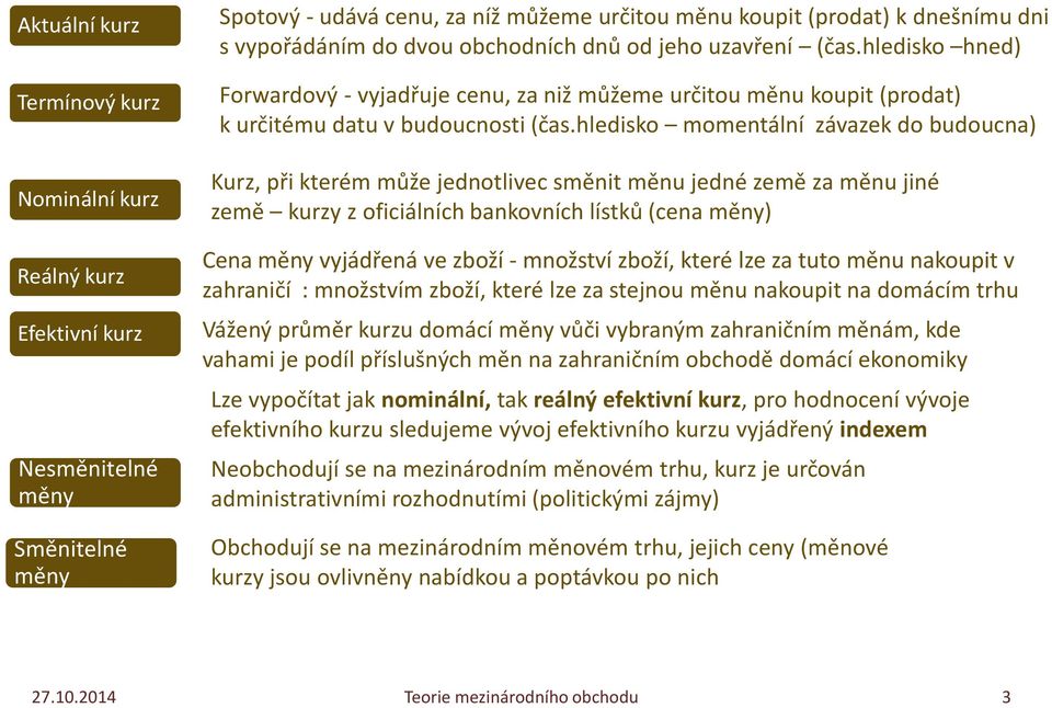 hledisko momentální závazek do budoucna) Kurz, při kterém může jednotlivec směnit měnu jedné země za měnu jiné země kurzy z oficiálních bankovních lístků (cena měny) Cena měny vyjádřená ve zboží -