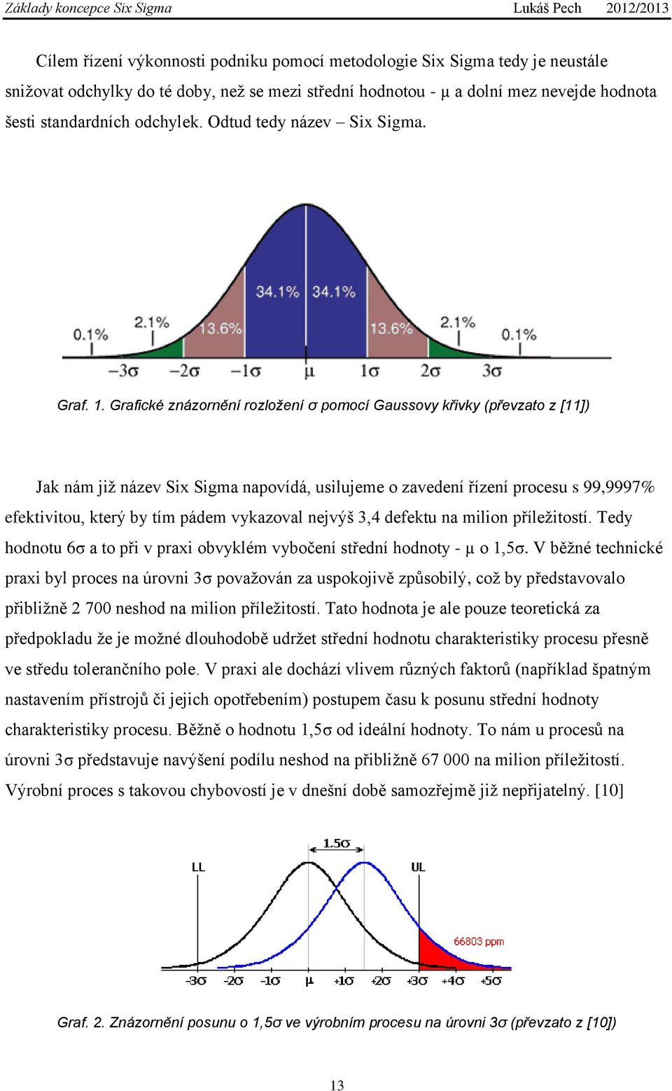 Grafické znázornění rozložení σ pomocí Gaussovy křivky (převzato z [11]) Jak nám již název Six Sigma napovídá, usilujeme o zavedení řízení procesu s 99,9997% efektivitou, který by tím pádem vykazoval