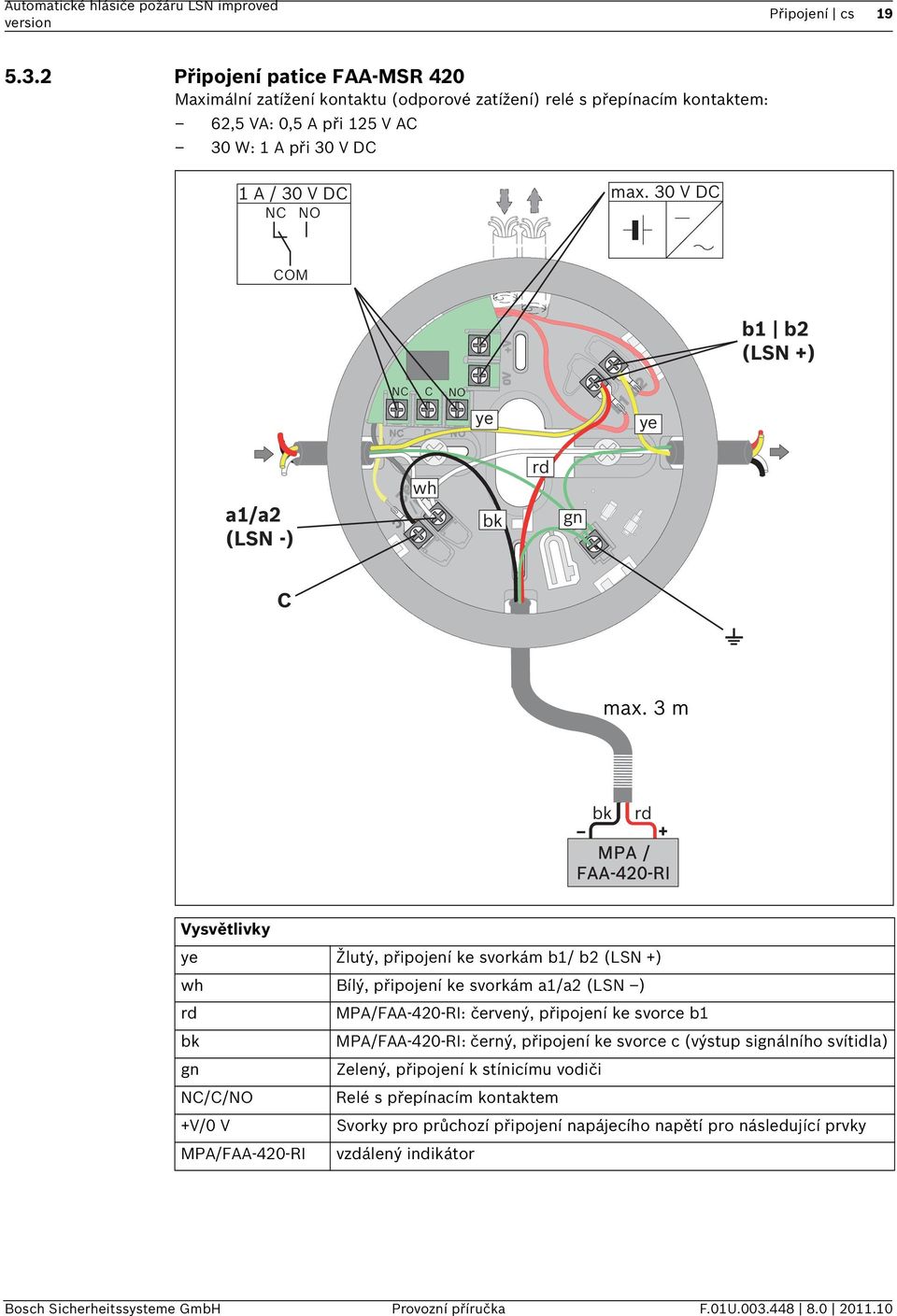 30 V DC COM b1 b2 (LSN +) NC C NO ye ye a1/a2 (LSN -) c wh bk rd gn C max.