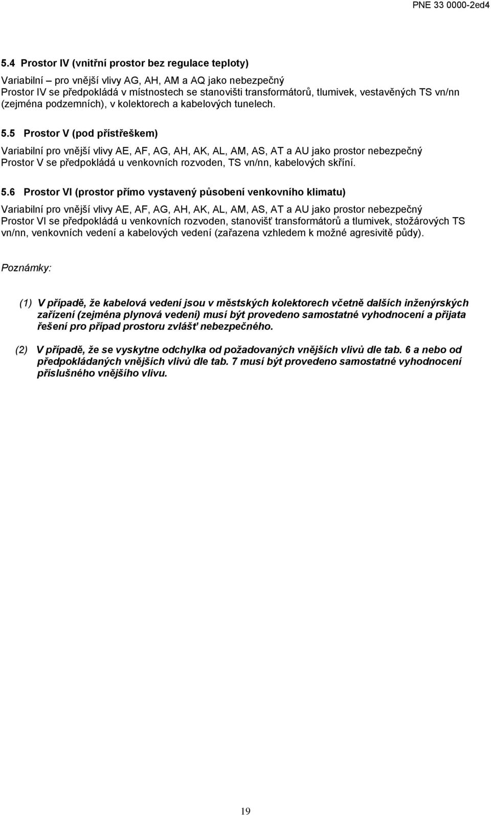 5 Prostor V (pod přístřeškem) Variabilní pro vnější vlivy AE, AF, AG, AH, AK, AL, AM, AS, AT a AU jako prostor nebezpečný Prostor V se předpokládá u venkovních rozvoden, TS vn/nn, kabelových skříní.