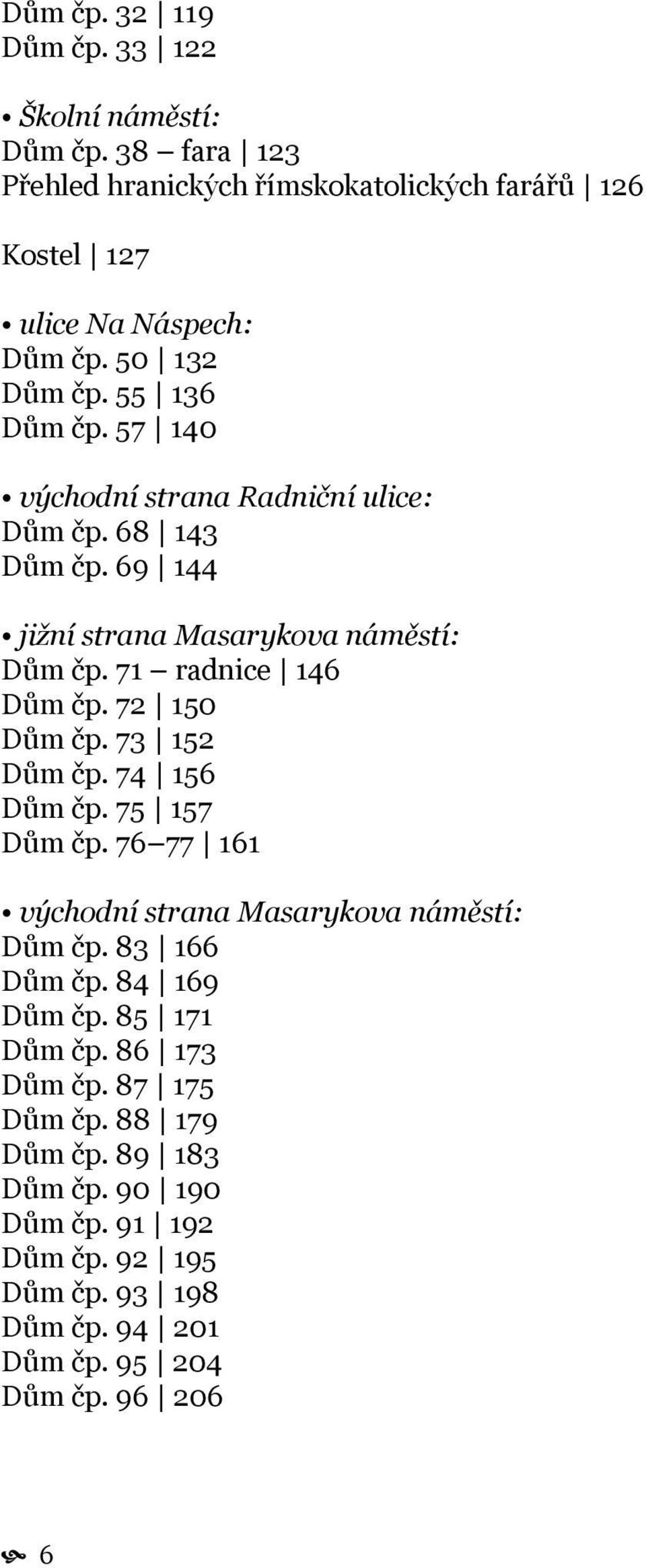 71 radnice 146 Dům čp. 72 150 Dům čp. 73 152 Dům čp. 74 156 Dům čp. 75 157 Dům čp. 76 77 161 východní strana Masarykova náměstí: Dům čp. 83 166 Dům čp.