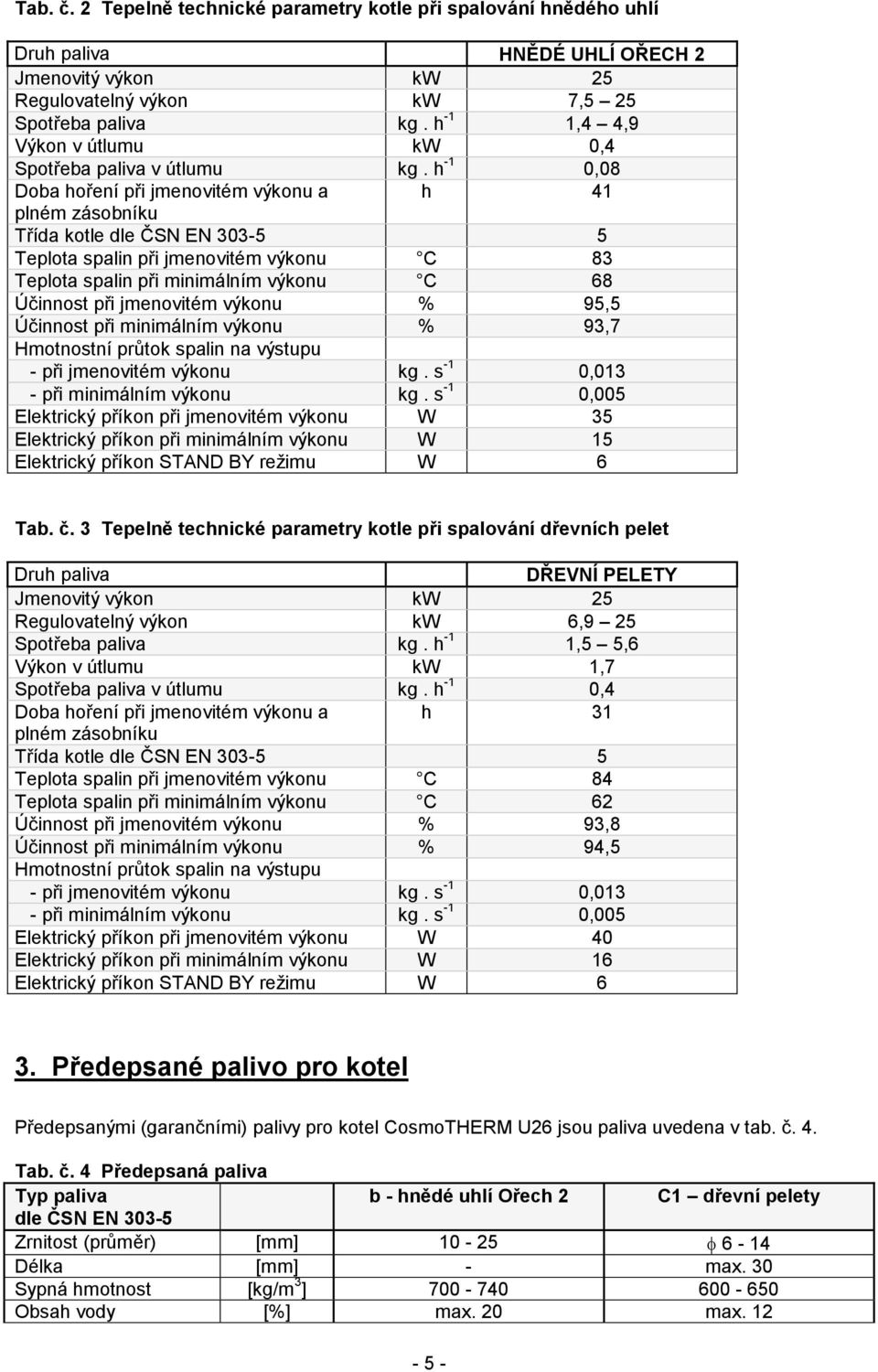 h -1 0,08 Doba hoření při jmenovitém výkonu a h 41 plném zásobníku Třída kotle dle ČSN EN 303-5 5 Teplota spalin při jmenovitém výkonu C 83 Teplota spalin při minimálním výkonu C 68 Účinnost při