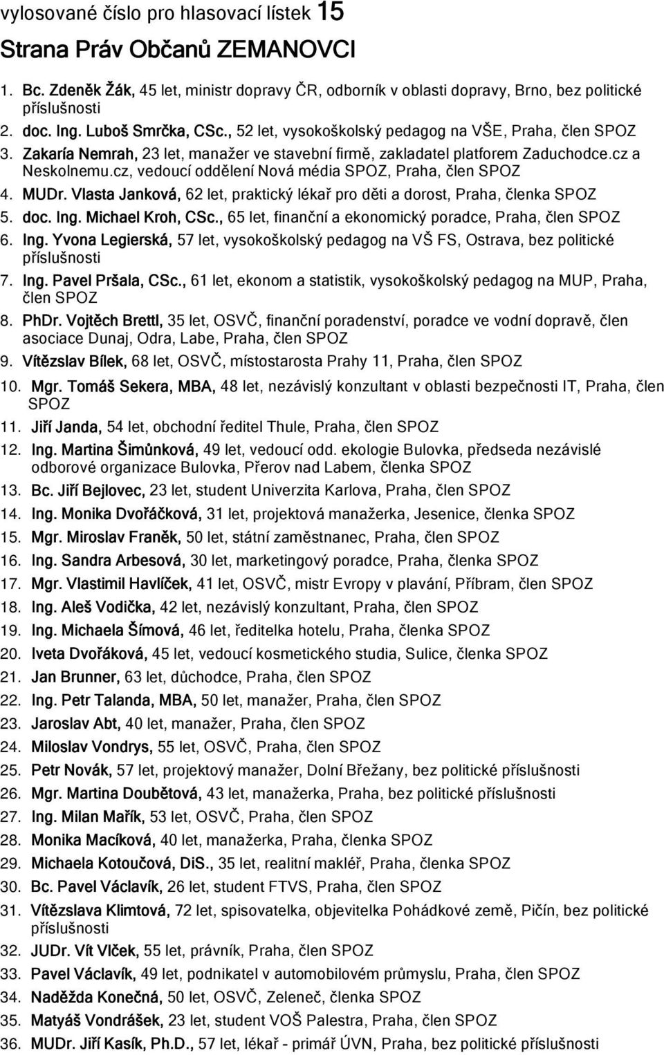 cz, vedoucí oddělení Nová média SPOZ, Praha, člen SPOZ 4. MUDr. Vlasta Janková, 62 let, praktický lékař pro děti a dorost, Praha, členka SPOZ 5. doc. Ing. Michael Kroh, CSc.