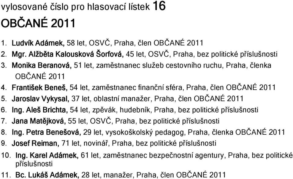 Jaroslav Vykysal, 37 let, oblastní manažer, Praha, člen OBČANÉ 2011 6. Ing. Aleš Brichta, 54 let, zpěvák, hudebník, Praha, bez politické 7. Jana Matějková, 55 let, OSVČ, Praha, bez politické 8. Ing. Petra Benešová, 29 let, vysokoškolský pedagog, Praha, členka OBČANÉ 2011 9.