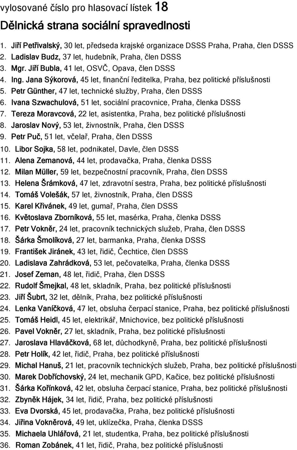 Petr Günther, 47 let, technické služby, Praha, člen DSSS 6. Ivana Szwachulová, 51 let, sociální pracovnice, Praha, členka DSSS 7. Tereza Moravcová, 22 let, asistentka, Praha, bez politické 8.