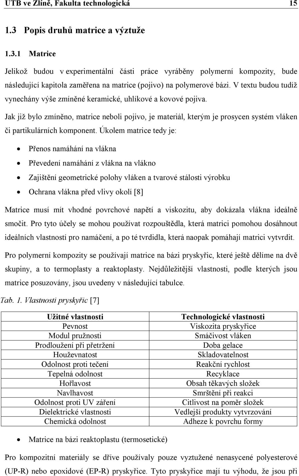 Úkolem matrice tedy je: Přenos namáhání na vlákna Převedení namáhání z vlákna na vlákno Zajištění geometrické polohy vláken a tvarové stálosti výrobku Ochrana vlákna před vlivy okolí [8] Matrice musí