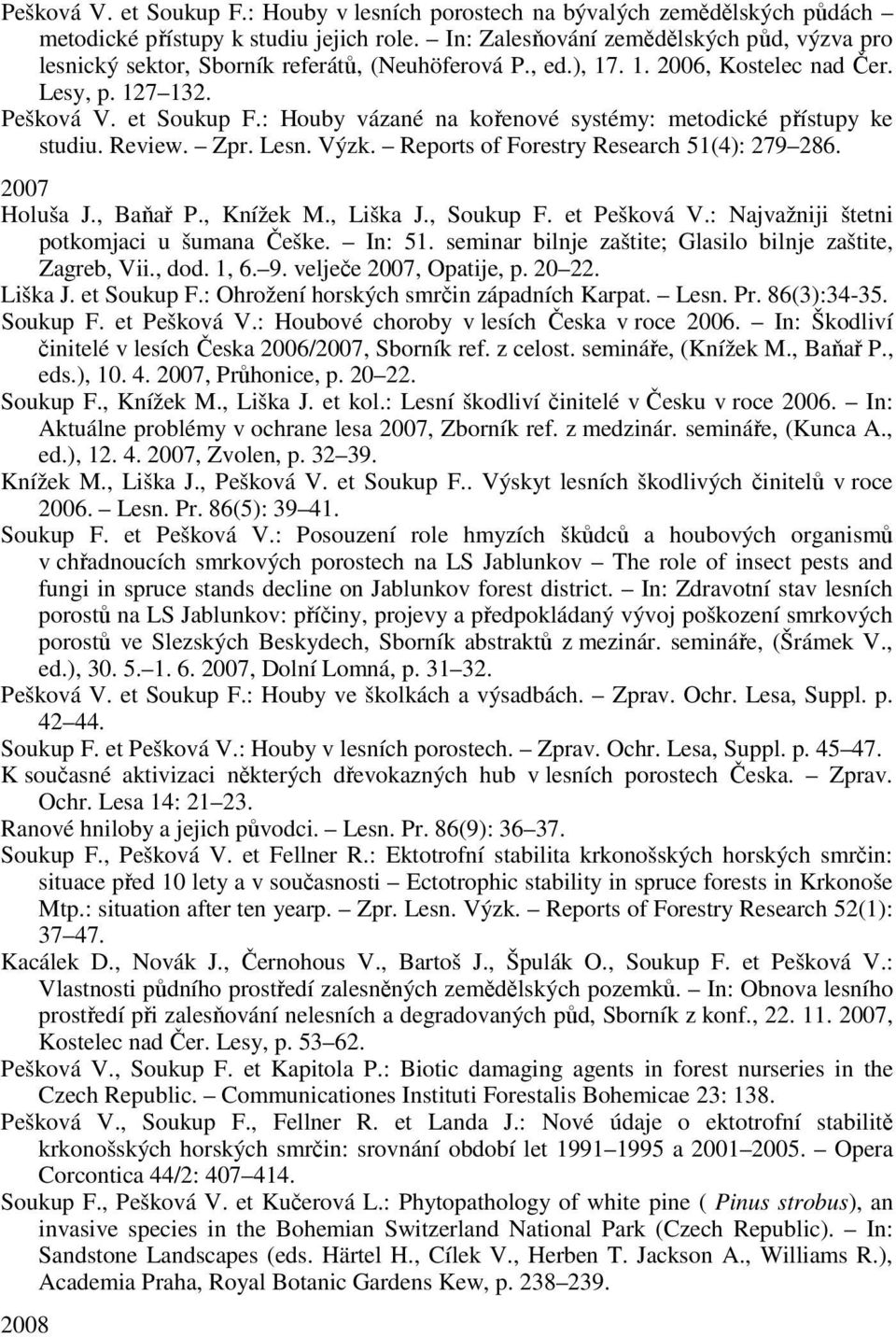 : Houby vázané na kořenové systémy: metodické přístupy ke studiu. Review. Zpr. Lesn. Výzk. Reports of Forestry Research 51(4): 279 286. 2007 Holuša J., Baňař P., Knížek M., Liška J., Soukup F.