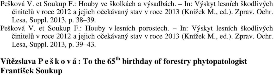 Lesa, Suppl. 2013, p. 38 39. Pešková V. et Soukup F.: Houby v lesních porostech.  Lesa, Suppl. 2013, p. 39 43.