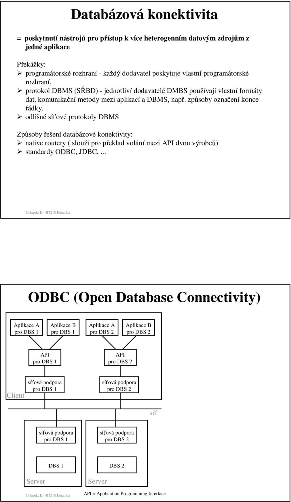 způsoby označení konce řádky, odlišné síťové protokoly DBMS Způsoby řešení databázové konektivity: native routery ( slouží pro překlad volání mezi API dvou výrobců)