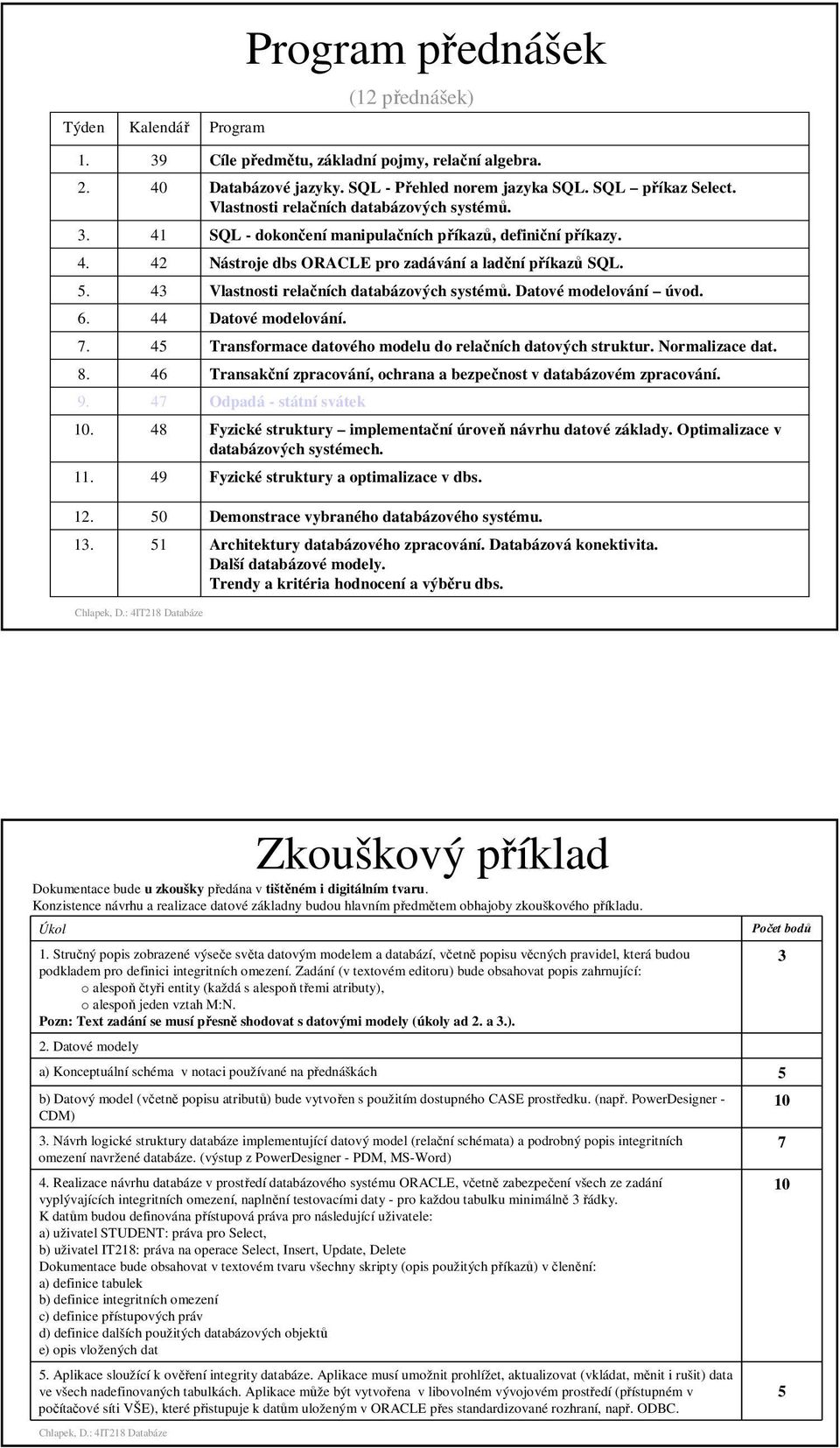 43 Vlastnosti relačních databázových systémů. Datové modelování úvod. 6. 44 Datové modelování. 7. 45 Transformace datového modelu do relačních datových struktur. Normalizace dat. 8.