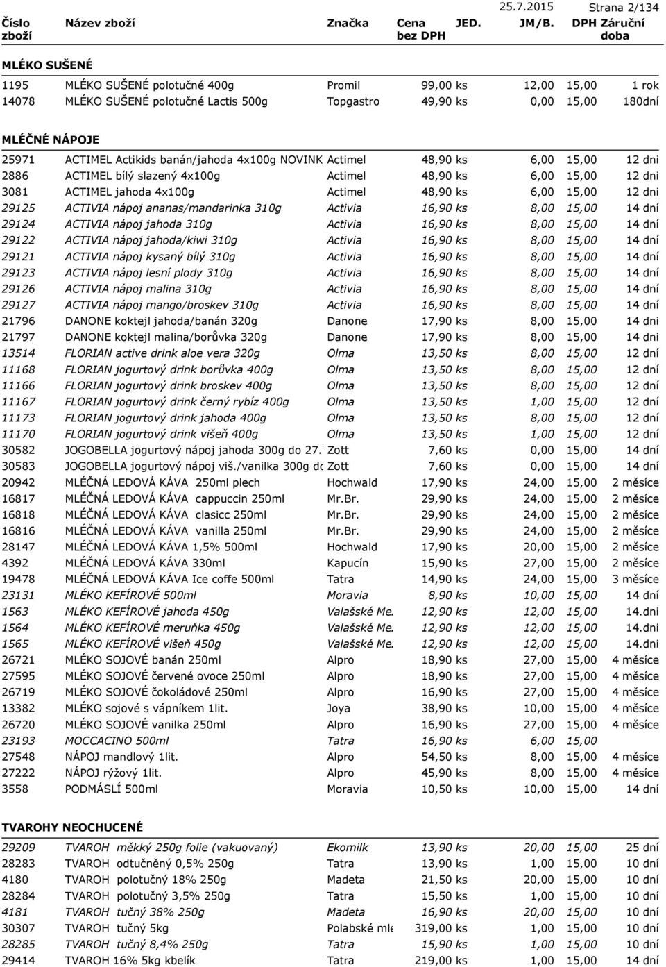 banán/jahoda 4x100g NOVINKAActimel 48,90 ks 6,00 2886 ACTIMEL bílý slazený 4x100g Actimel 48,90 ks 6,00 3081 ACTIMEL jahoda 4x100g Actimel 48,90 ks 6,00 29125 ACTIVIA nápoj ananas/mandarinka 310g