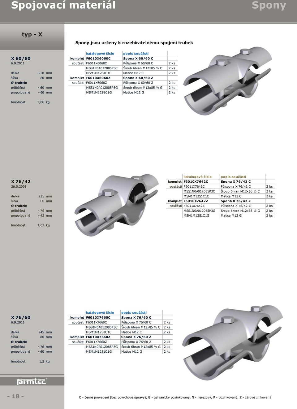 součásti F6011X6060Z Půlspona X 60/60 Z 2 ks průběžná ~60 mm MSS1N0A012085P3G Šroub 6hran M12x85 ½ G 2 ks propojované ~60 mm MSM1M12S1C1G Matice M12 G 2 ks 1,86 kg X 76/42 komplet F6010X7642C Spona X