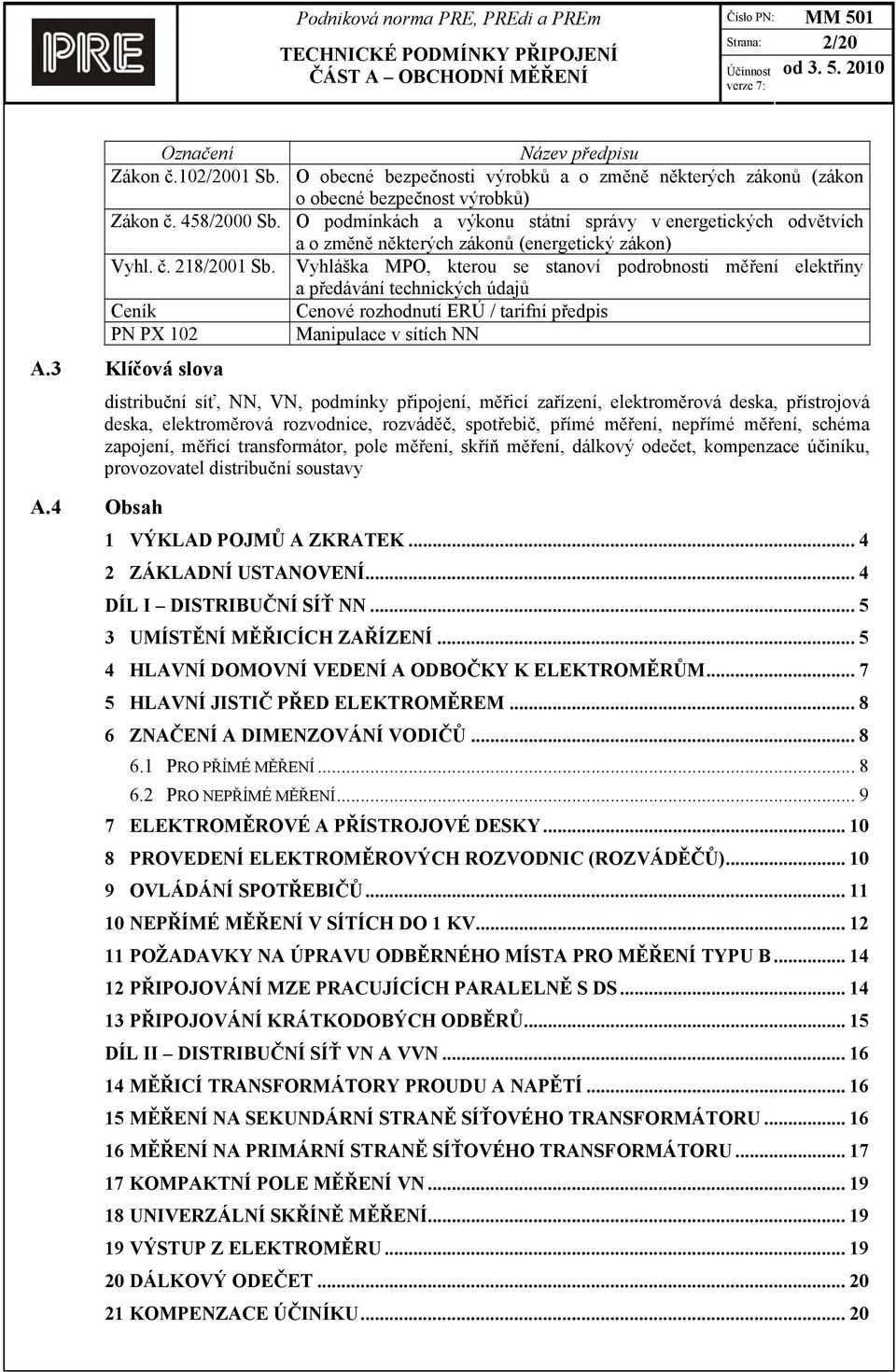 Vyhláška MPO, kterou se stanoví podrobnosti měření elektřiny a předávání technických údajů Ceník Cenové rozhodnutí ERÚ / tarifní předpis PN PX 102 Manipulace v sítích NN A.3 Klíčová slova A.