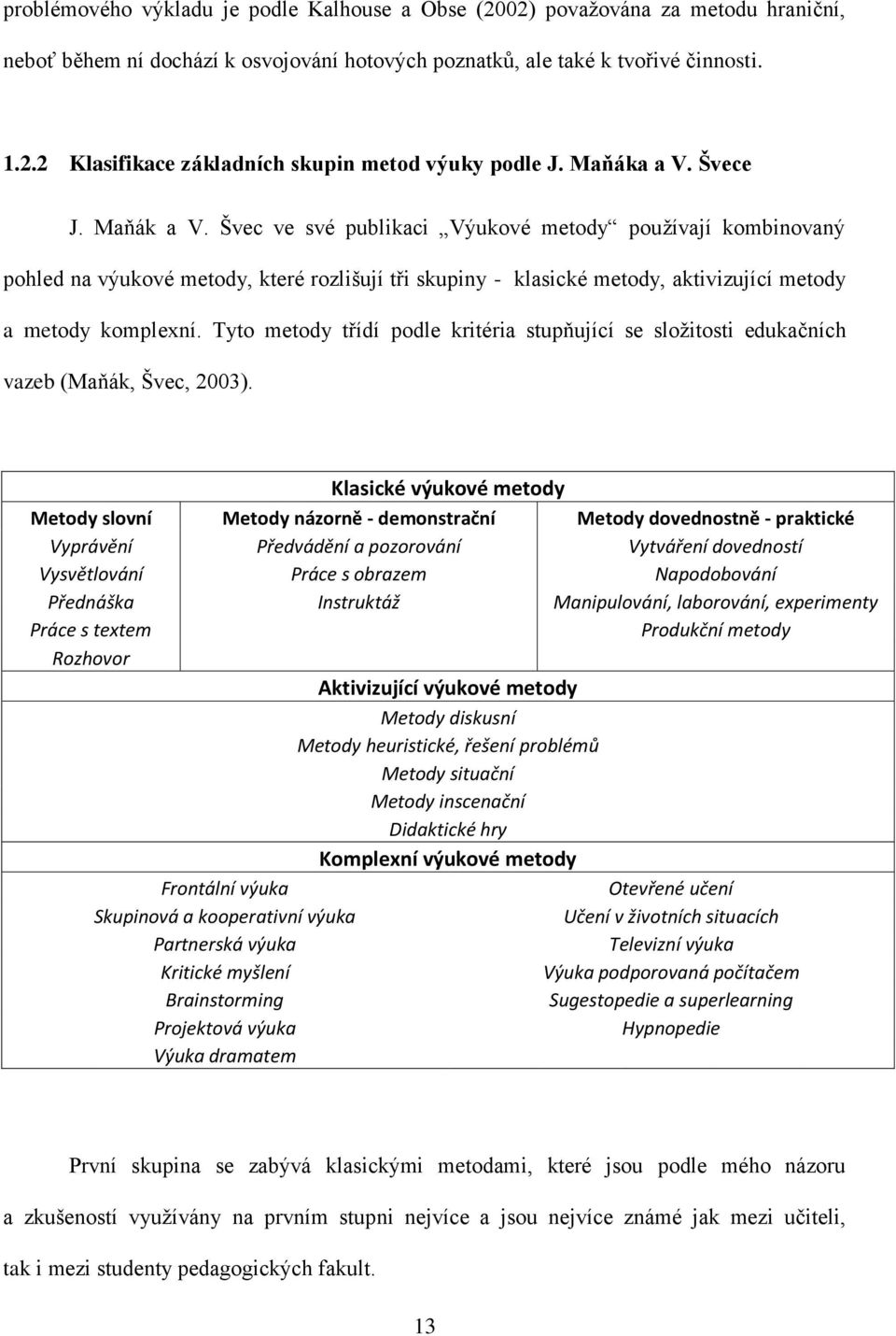 Švec ve své publikaci Výukové metody pouţívají kombinovaný pohled na výukové metody, které rozlišují tři skupiny - klasické metody, aktivizující metody a metody komplexní.
