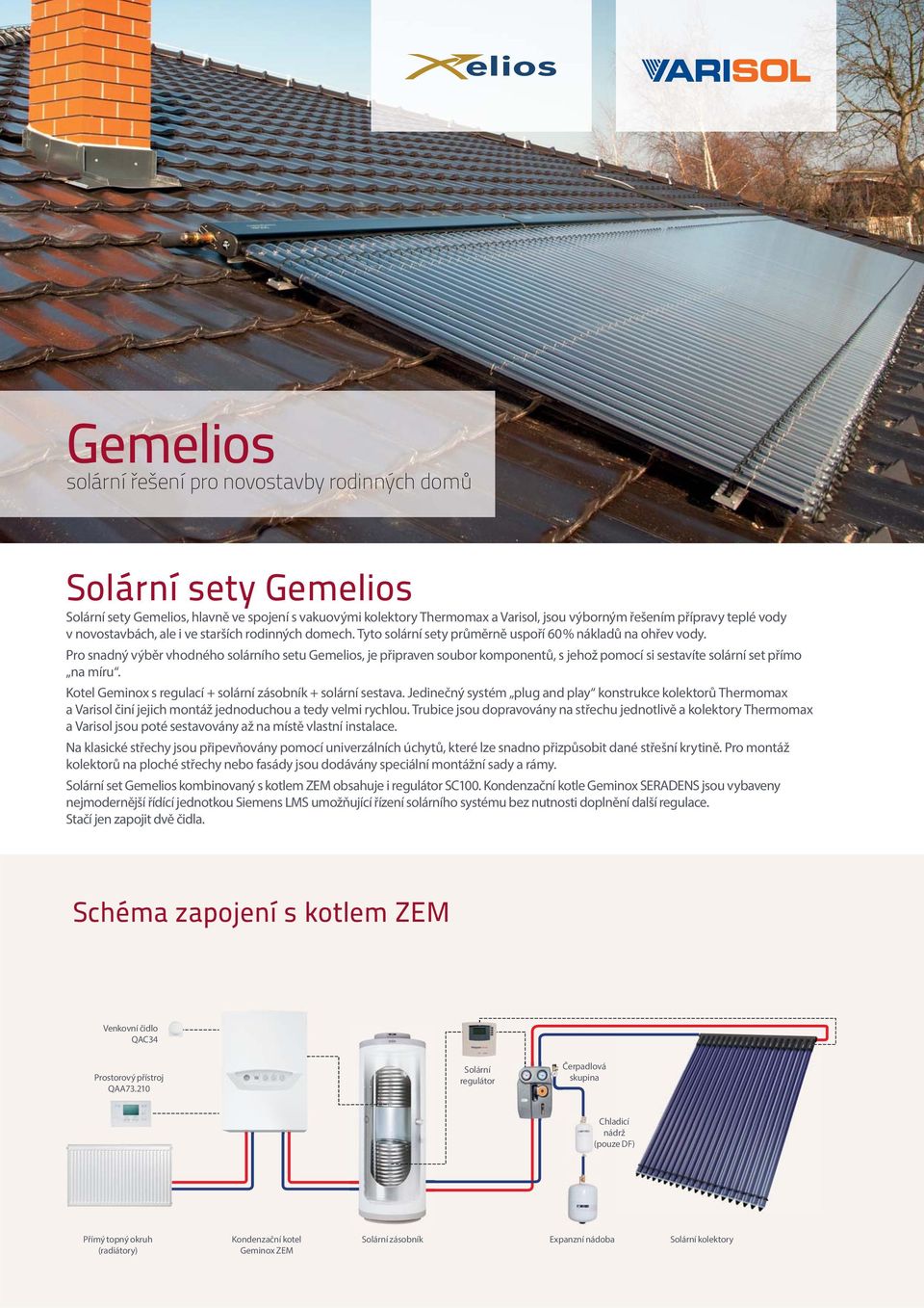 Pro snadný výběr vhodného solárního setu Gemelios, je připraven soubor komponentů, s jehož pomocí si sestavíte solární set přímo na míru. Kotel Geminox s regulací + solární zásobník + solární sestava.