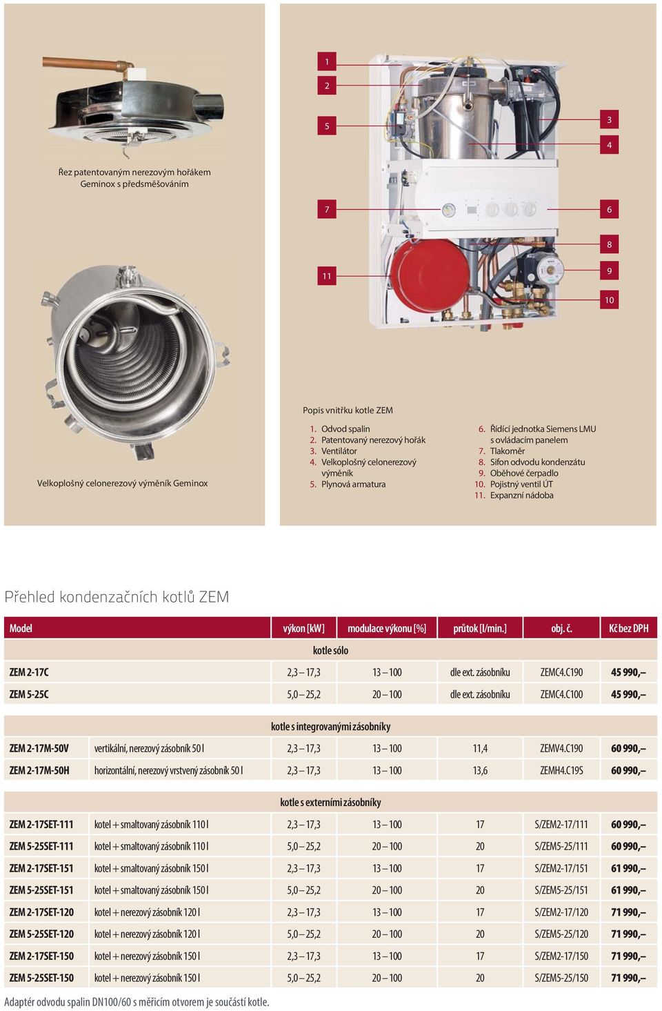 Pojistný ventil ÚT 11. Expanzní nádoba Přehled kondenzačních kotlů ZEM Model výkon [kw] modulace výkonu [%] průtok [l/min.] obj. č. Kč bez DPH kotle sólo ZEM 2-17C 2,3 17,3 13 100 dle ext.