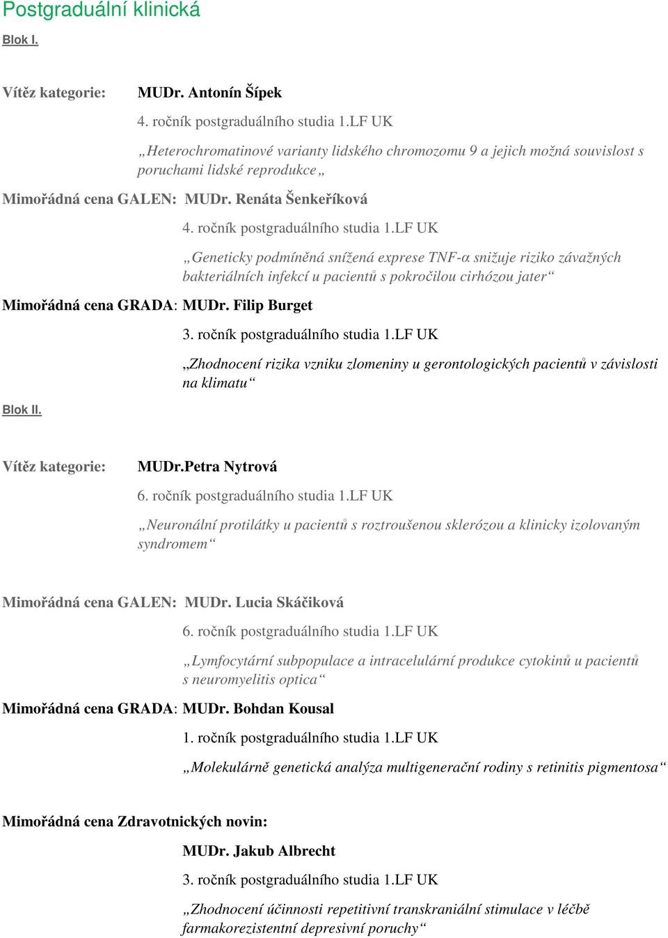 Filip Burget Geneticky podmíněná snížená exprese TNF-α snižuje riziko závažných bakteriálních infekcí u pacientů s pokročilou cirhózou jater Zhodnocení rizika vzniku zlomeniny u gerontologických