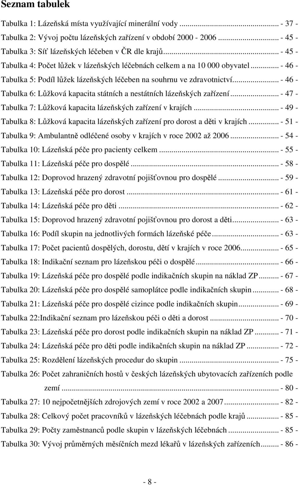 .. - 46 - Tabulka 6: Lůžková kapacita státních a nestátních lázeňských zařízení... - 47 - Tabulka 7: Lůžková kapacita lázeňských zařízení v krajích.