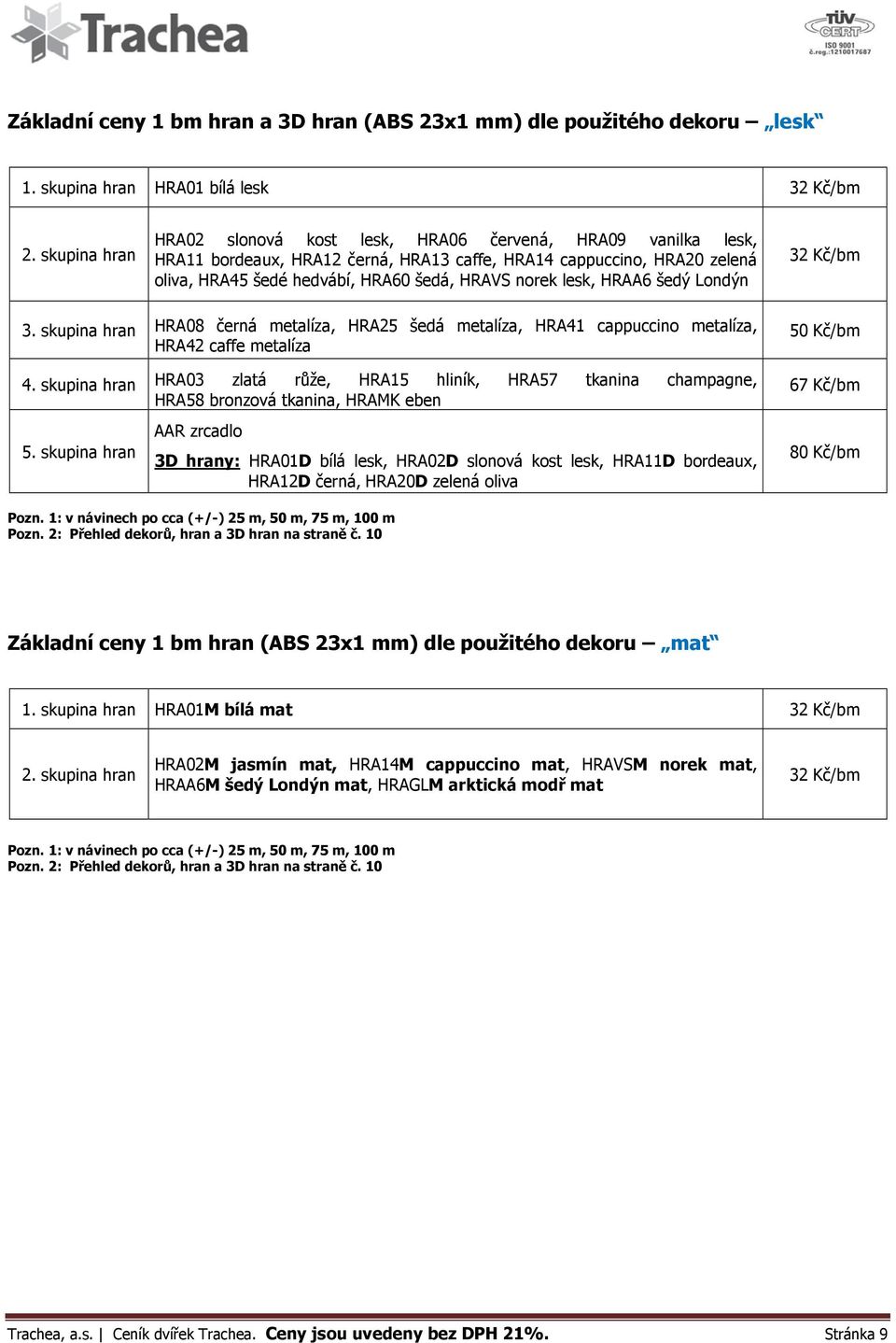 lesk, HRAA6 šedý Londýn 32 Kč/bm 3. skupina hran HRA08 černá metalíza, HRA25 šedá metalíza, HRA41 cappuccino metalíza, HRA42 caffe metalíza 4.