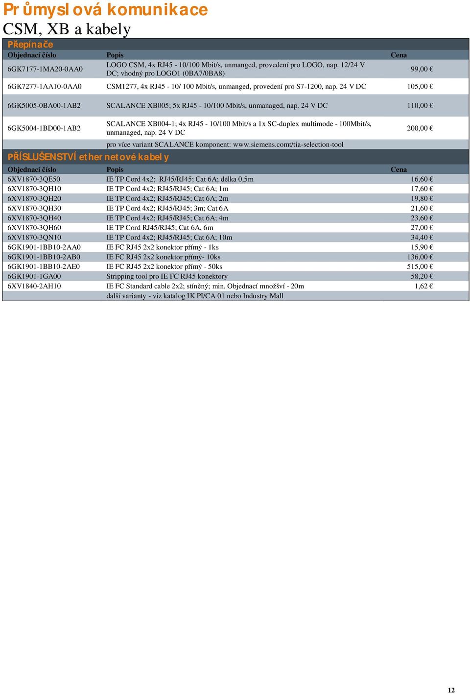 24 V DC 105,00 6GK5005-0BA00-1AB2 SCALANCE XB005; 5x RJ45-10/100 Mbit/s, unmanaged, nap.