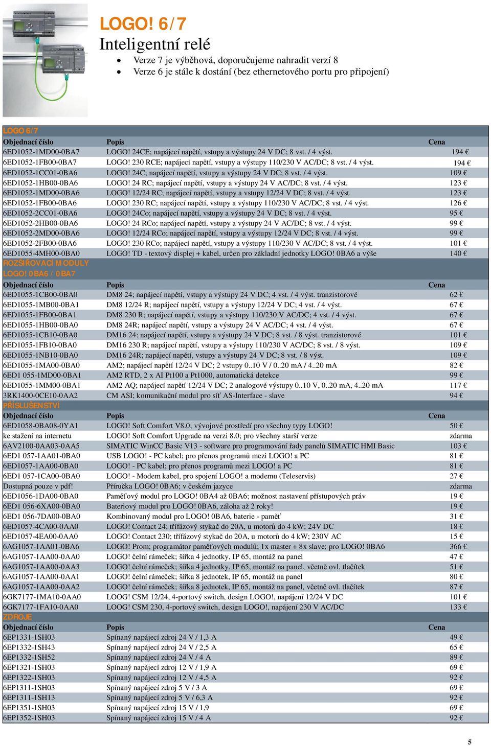 24C; napájecí napětí, vstupy a výstupy 24 V DC; 8 vst. / 4 výst. 109 6ED1052-1HB00-0BA6 LOGO! 24 RC; napájecí napětí, vstupy a výstupy 24 V AC/DC; 8 vst. / 4 výst. 123 6ED1052-1MD00-0BA6 LOGO!