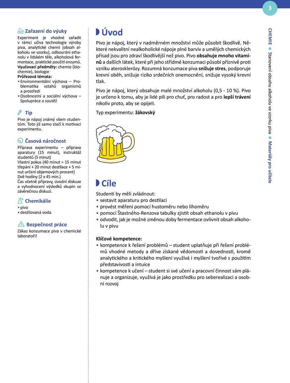 Vyučovací předměty: chemie (biochemie), biologie Průřezová témata: Environmentální výchova Problematika vztahů organismů a prostředí Osobnostní a sociální výchova Spolupráce a soutěž Tip Pivo je