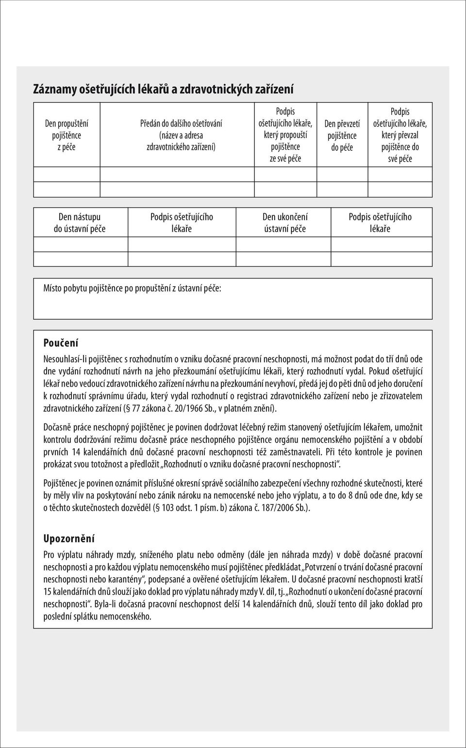 ústavní péče lékaře ústavní péče lékaře Místo pobytu pojištěnce po propuštění z ústavní péče: Poučení Nesouhlasí-li pojištěnec s rozhodnutím o vzniku dočasné pracovní neschopnosti, má možnost podat