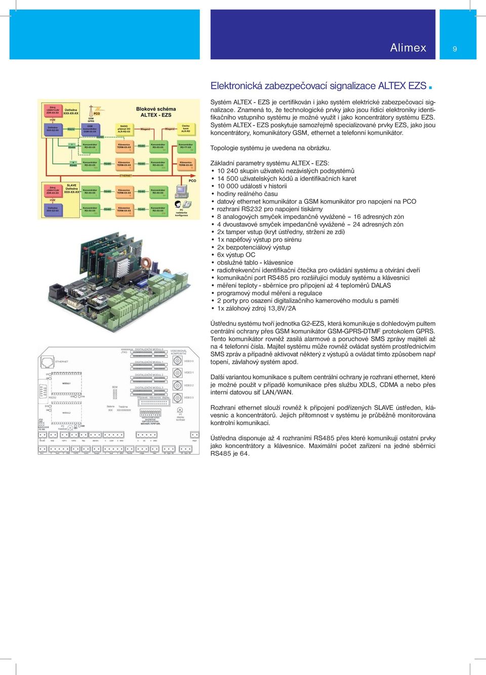 Systém ALTEX - EZS poskytuje samozřejmě specializované prvky EZS, jako jsou koncentrátory, komunikátory GSM, ethernet a telefonní komunikátor. Topologie systému je uvedena na obrázku.