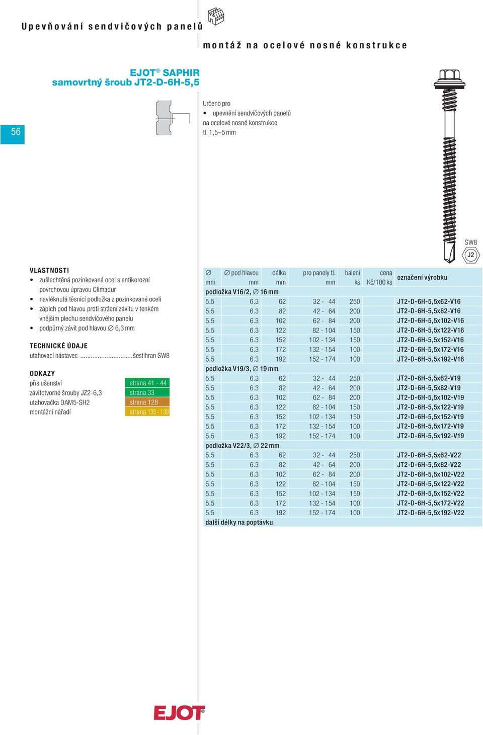Kč/100 ks podložka V16/2, 16 5.5 6.3 62 32-44 250 JT2-D-6H-5,5x62-V16 5.5 6.3 82 42-64 200 JT2-D-6H-5,5x82-V16 5.5 6.3 102 62-84 200 JT2-D-6H-5,5x102-V16 5.5 6.3 122 82-104 150 JT2-D-6H-5,5x122-V16 5.
