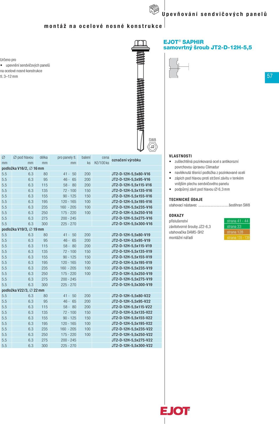 5 6.3 250 175-220 100 JT2-D-12H-5,5x250-V16 5.5 6.3 275 200-245 JT2-D-12H-5,5x275-V16 5.5 6.3 300 225-270 JT2-D-12H-5,5x300-V16 podložka V19/3, 19 5.5 6.3 80 41-50 200 JT2-D-12H-5,5x80-V19 5.5 6.3 95 46-65 200 JT2-D-12H-5,5x95-V19 5.