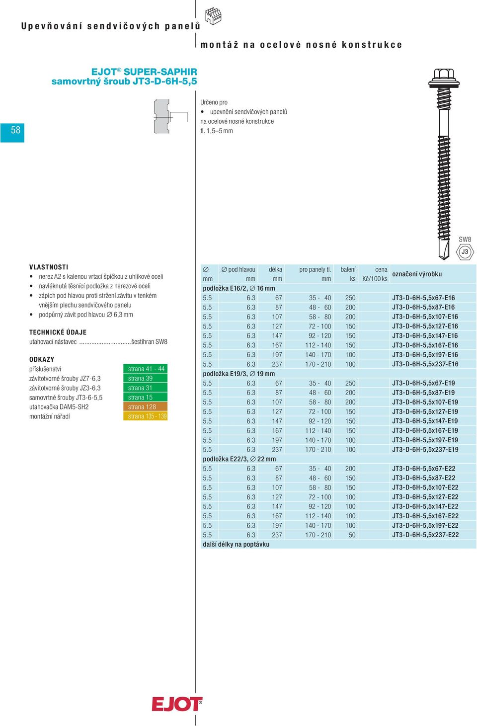 strana 31 samovrtné šrouby JT3-6-5,5 strana 15 ks Kč/100 ks podložka E16/2, 16 5.5 6.3 67 35-40 250 JT3-D-6H-5,5x67-E16 5.5 6.3 87 48-60 200 JT3-D-6H-5,5x87-E16 5.5 6.3 107 58-80 200 JT3-D-6H-5,5x107-E16 5.