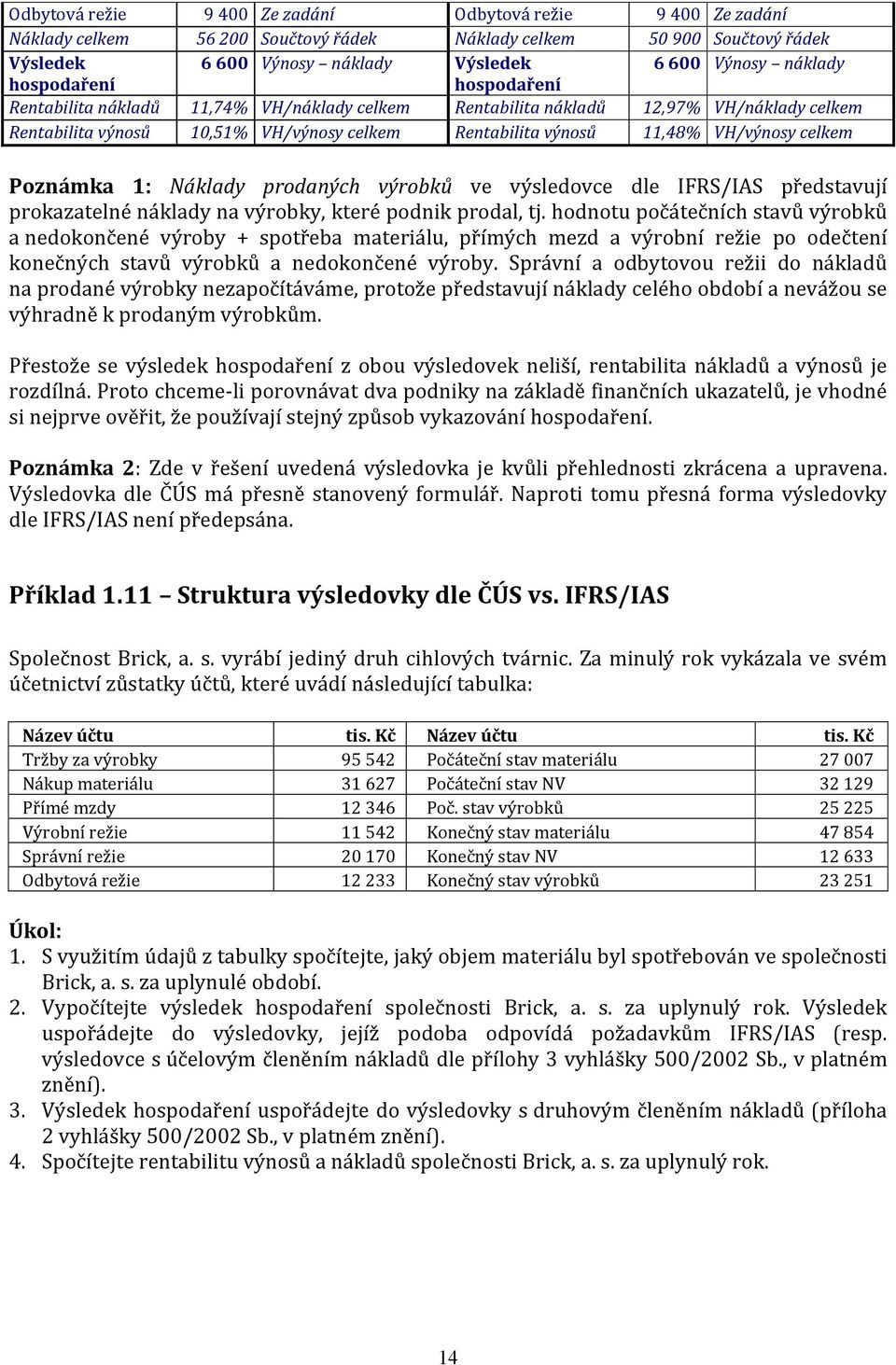 Poznámka 1: Náklady prodaných výrobků ve výsledovce dle IFRS/IAS představují prokazatelné náklady na výrobky, které podnik prodal, tj.