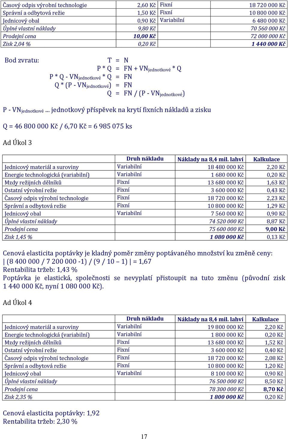 - VN jednotkové ) P - VN jednotkové... jednotkový příspěvek na krytí fixních nákladů a zisku Q = 46 800 000 Kč / 6,70 Kč = 6 985 075 ks Ad Úkol 3 Druh nákladu Náklady na 8,4 mil.