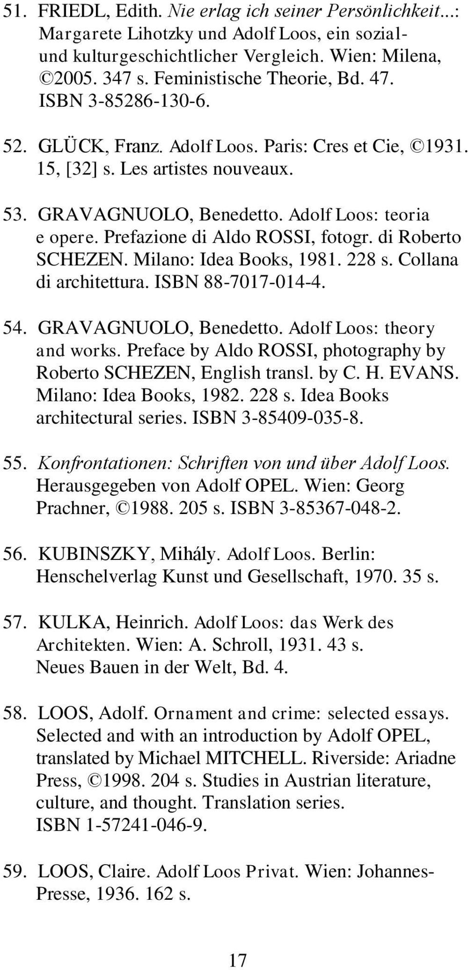 di Roberto SCHEZEN. Milano: Idea Books, 1981. 228 s. Collana di architettura. ISBN 88-7017-014-4. 54. GRAVAGNUOLO, Benedetto. Adolf Loos: theory and works.