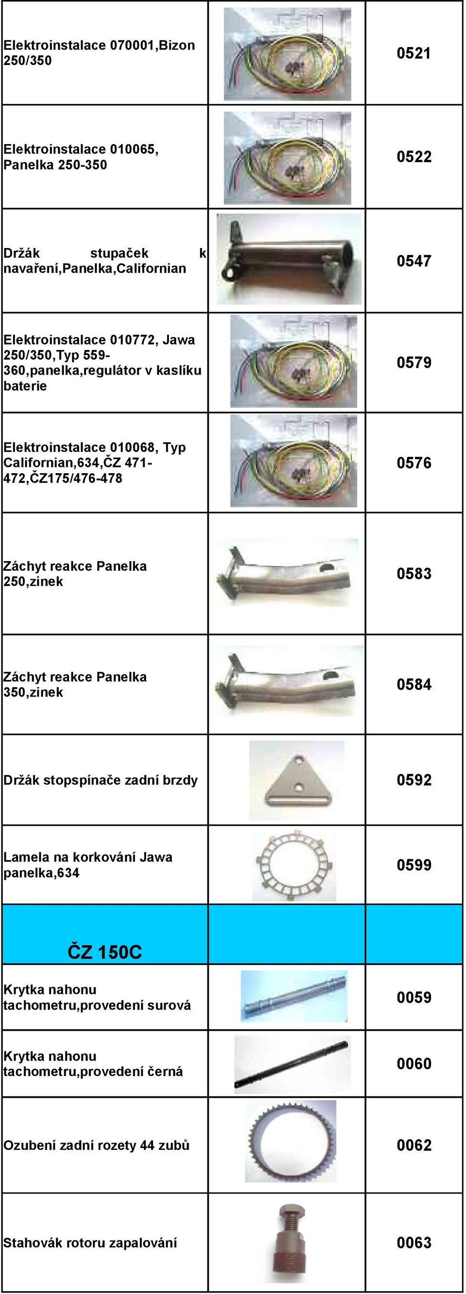 471-472,ČZ175/476-478 0576 Záchyt reakce Panelka 250, 0583 Záchyt reakce Panelka 350, 0584 Držák stopspínače zadní brzdy 0592 Lamela na korkování Jawa