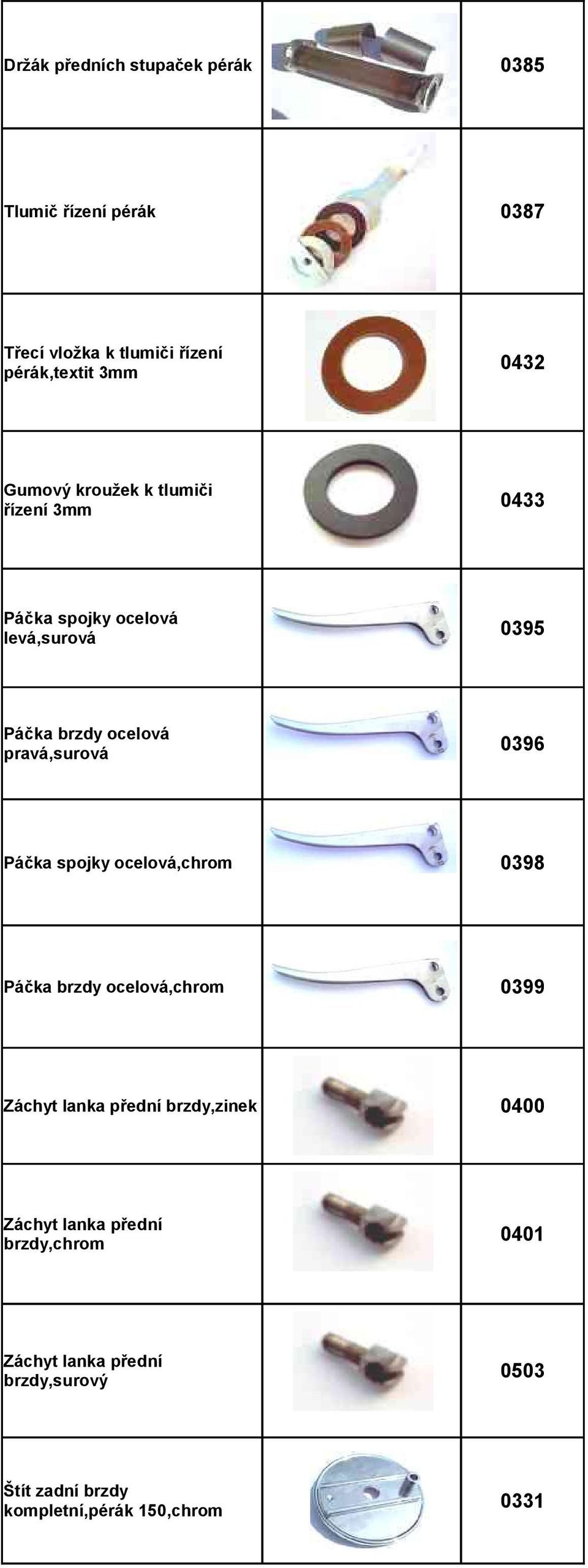 0396 Páčka spojky ocelová,chrom 0398 Páčka brzdy ocelová,chrom 0399 Záchyt lanka přední brzdy, 0400 Záchyt