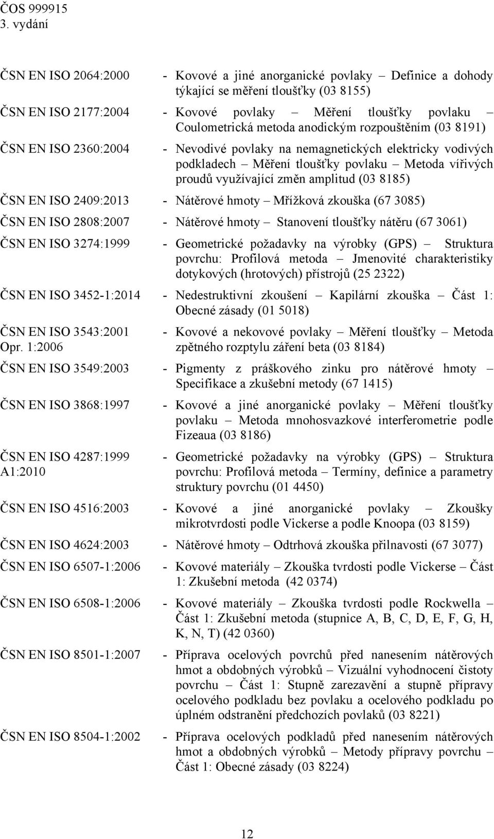 8185) ČSN EN ISO 2409:2013 - Nátěrové hmoty Mřížková zkouška (67 3085) ČSN EN ISO 2808:2007 - Nátěrové hmoty Stanovení tloušťky nátěru (67 3061) ČSN EN ISO 3274:1999 - Geometrické požadavky na