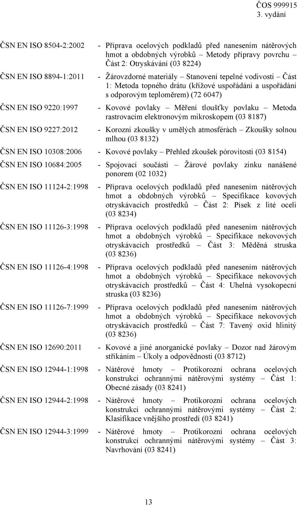 Metoda rastrovacím elektronovým mikroskopem (03 8187) ČSN EN ISO 9227:2012 - Korozní zkoušky v umělých atmosférách Zkoušky solnou mlhou (03 8132) ČSN EN ISO 10308:2006 - Kovové povlaky Přehled