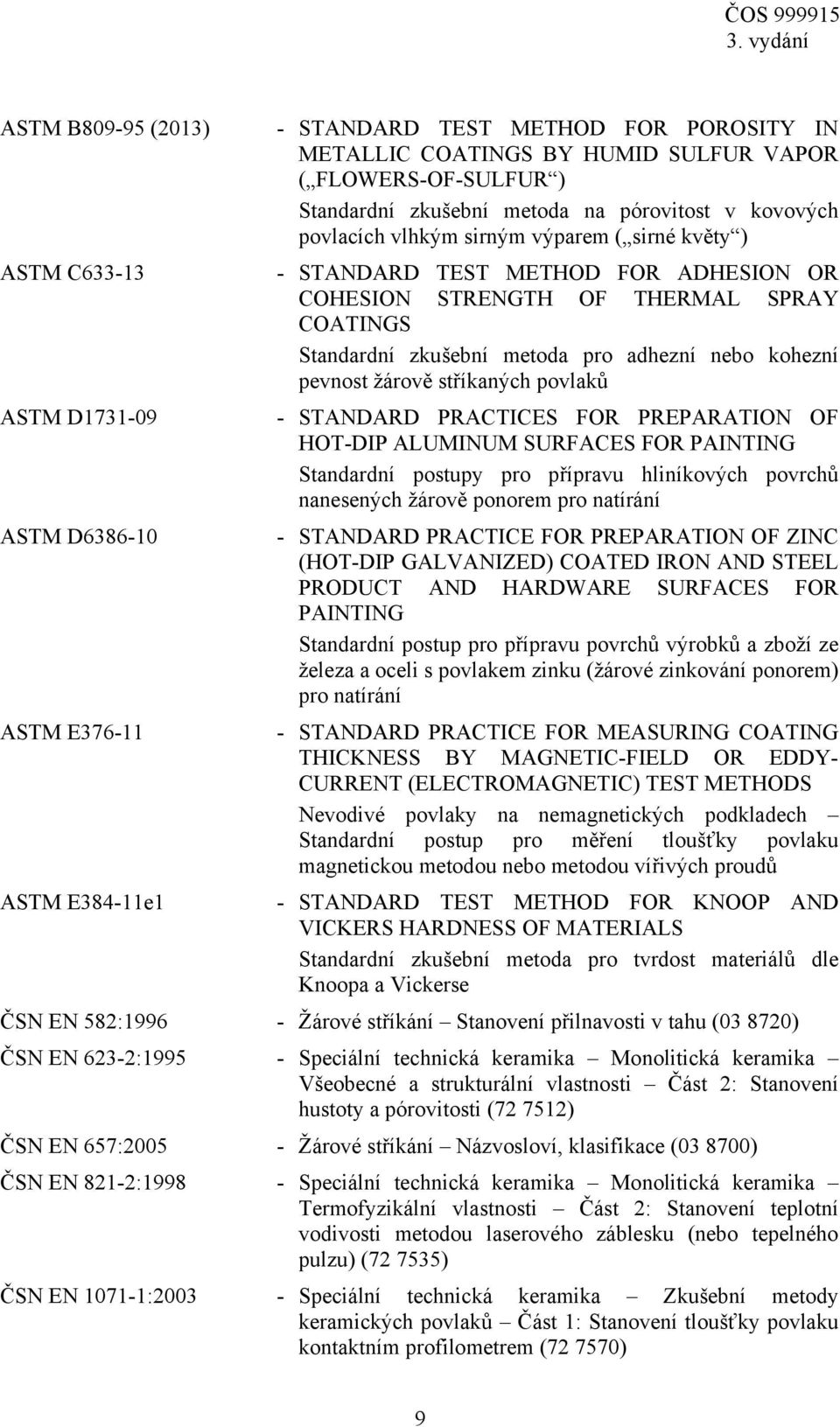 povlaků ASTM D1731-09 - STANDARD PRACTICES FOR PREPARATION OF HOT-DIP ALUMINUM SURFACES FOR PAINTING Standardní postupy pro přípravu hliníkových povrchů nanesených žárově ponorem pro natírání ASTM