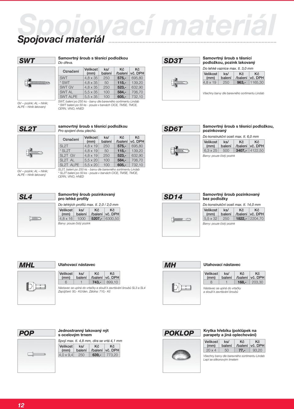 SWT, balení po 250 ks - barvy dle barevného sortimentu Lindab * SWT balení po 50 ks - pouze v barvách CICE, TMSE, TMCE, CERN, VINO, HNED SD3T Samovrtný šroub s těsnicí podložkou, pozink lakovaný Do