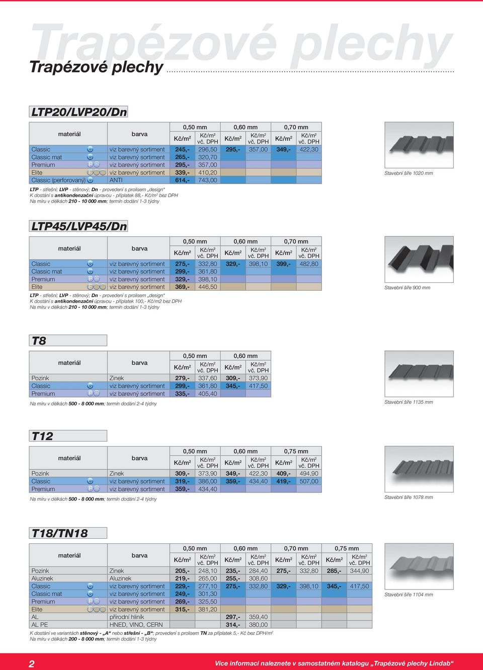 dostání s antikondenzační úpravou - příplatek 88,- bez Na míru v délkách 210-10 000 mm; termín dodání 1-3 týdny Stavební šíře 1020 mm LTP45/LVP45/Dn 0,50 mm 0,60 mm 0,70 mm 2 2 Classic C viz barevný