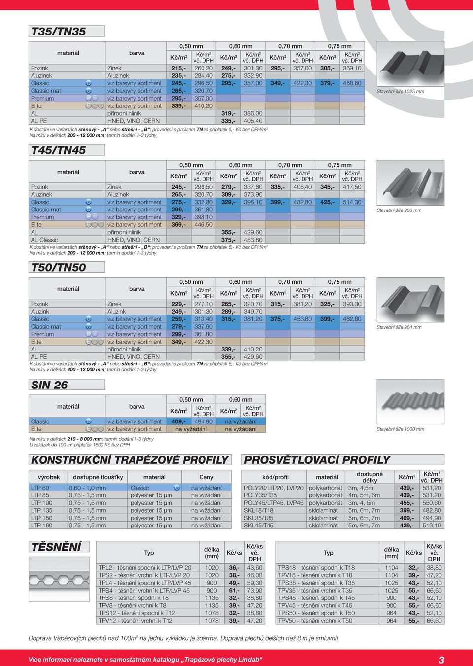 hliník 319,- 386,00 AL PE HNED, VINO, CERN 335,- 405,40 K dostání ve variantách stěnový - A nebo střešní - B ; provedení s prolisem TN za příplatek 5,- bez /m 2 Na míru v délkách 200-12 000 mm;