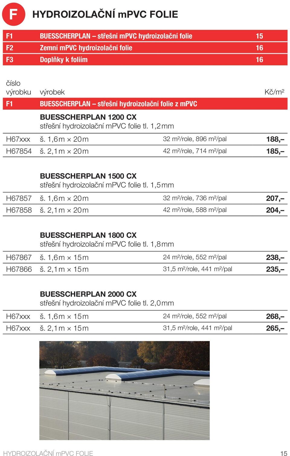 2,1 m 20 m 42 m²/role, 714 m²/pal 185, BUESSCHERPLAN 1500 CX střešní hydroizolační mpvc folie tl. 1,5 mm H67857 š. 1,6 m 20 m 32 m²/role, 736 m²/pal 207, H67858 š.