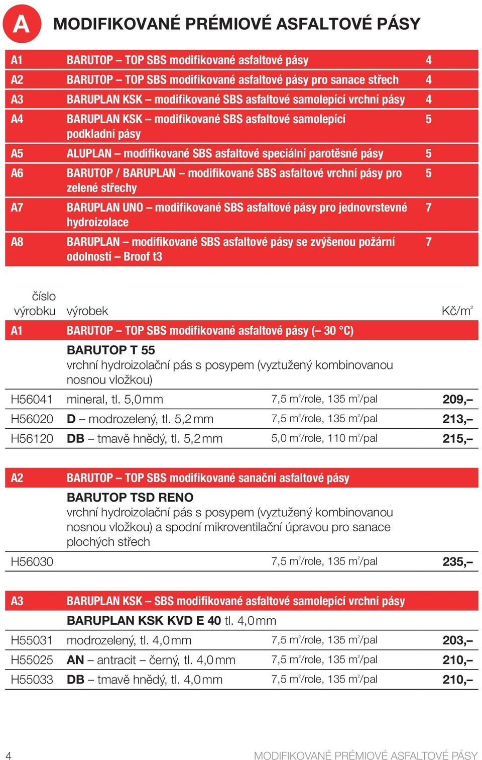 SBS asfaltové vrchní pásy pro zelené střechy BARUPLAN UNO modifikované SBS asfaltové pásy pro jednovrstevné hydroizolace BARUPLAN modifikované SBS asfaltové pásy se zvýšenou požární odolností Broof