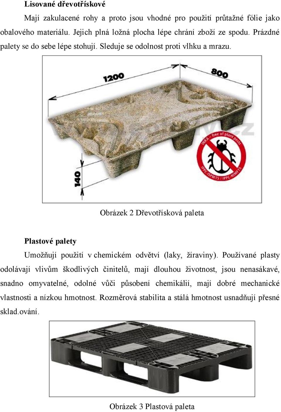 Obrázek 2 Dřevotřísková paleta Plastové palety Umožňují použití v chemickém odvětví (laky, žíraviny).