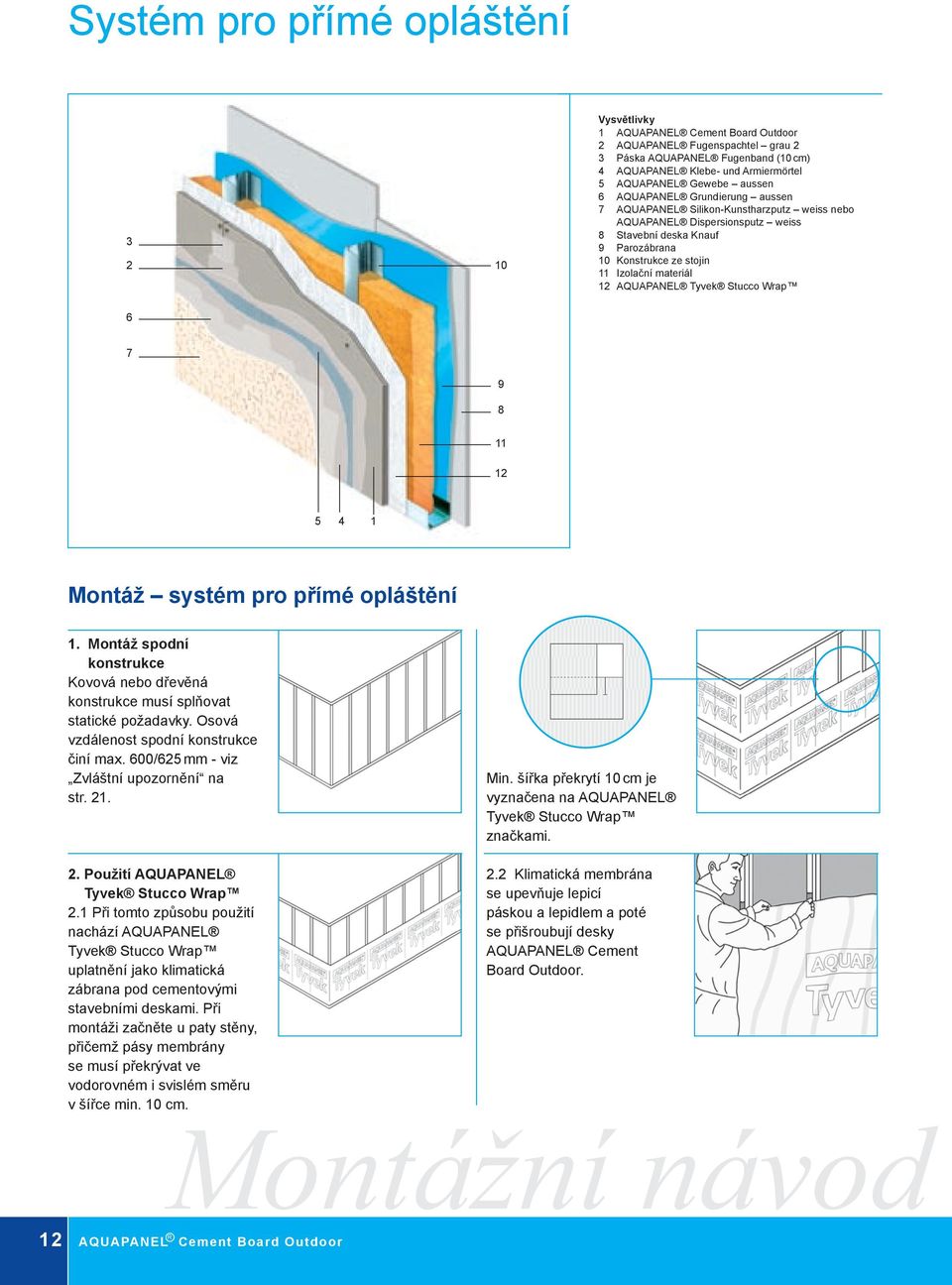 materiál 12 AQUAPANEL Tyvek Stucco Wrap 6 7 9 8 11 12 5 4 1 Montáž systém pro přímé opláštění 1. Montáž spodní konstrukce Kovová nebo dřevěná konstrukce musí splňovat statické požadavky.