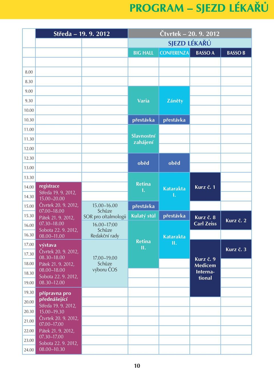 00 Schůze 15.30 Pátek 21. 9. 2012, SOR pro oftalmologii Kulatý stůl přestávka Kurz č. 8 16.00 07.30 18.00 Sobota 22. 9. 2012, 16.00 17:00 Schůze Carl Zeiss 16.30 08.00 11.