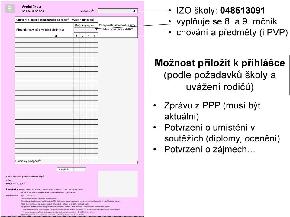 ročník chování a předměty (i PVP) Možnost přiložit k přihlášce (podle požadavků školy a uvážení rodičů) Zprávu z PPP (musí být aktuální) Potvrzení o umístění v soutěžích (diplomy, ocenění) Potvrzení