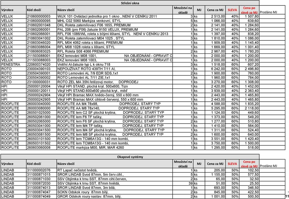 RFL F06 1086/WL roleta s bílými lištami, STYL NENÍ V CENÍKU 2013 1 ks 1 397,00 40% 838,20 VELUX 210603041002 DKL Roleta zatemňovací M04 1025, STYL 3 ks 1 810,00 40% 1 086,00 VELUX 210603046020 RFL